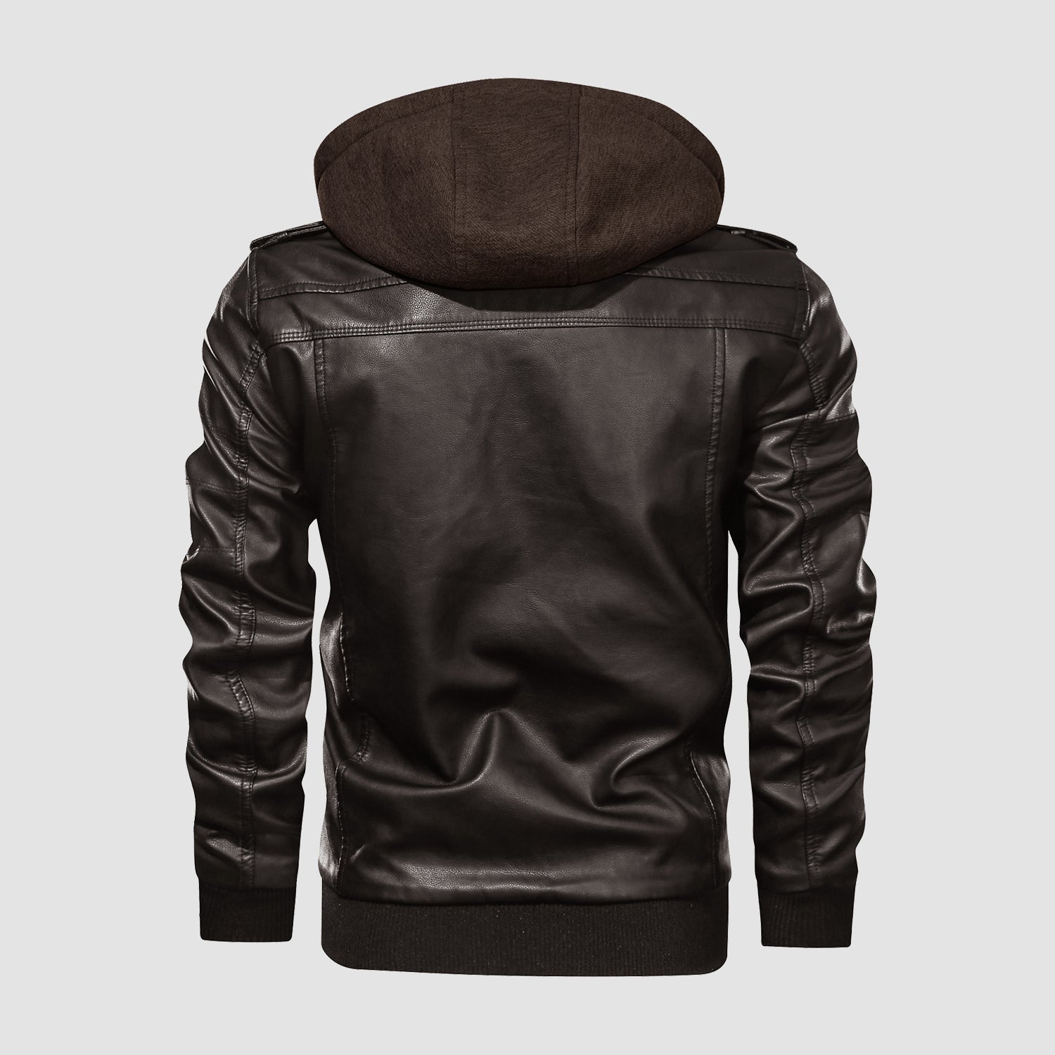 Men's Stand Collar PU Faux Leather Jacket 6 Pockets Motorcycle Bomber Fall Winter Jacket with a Removable Hood