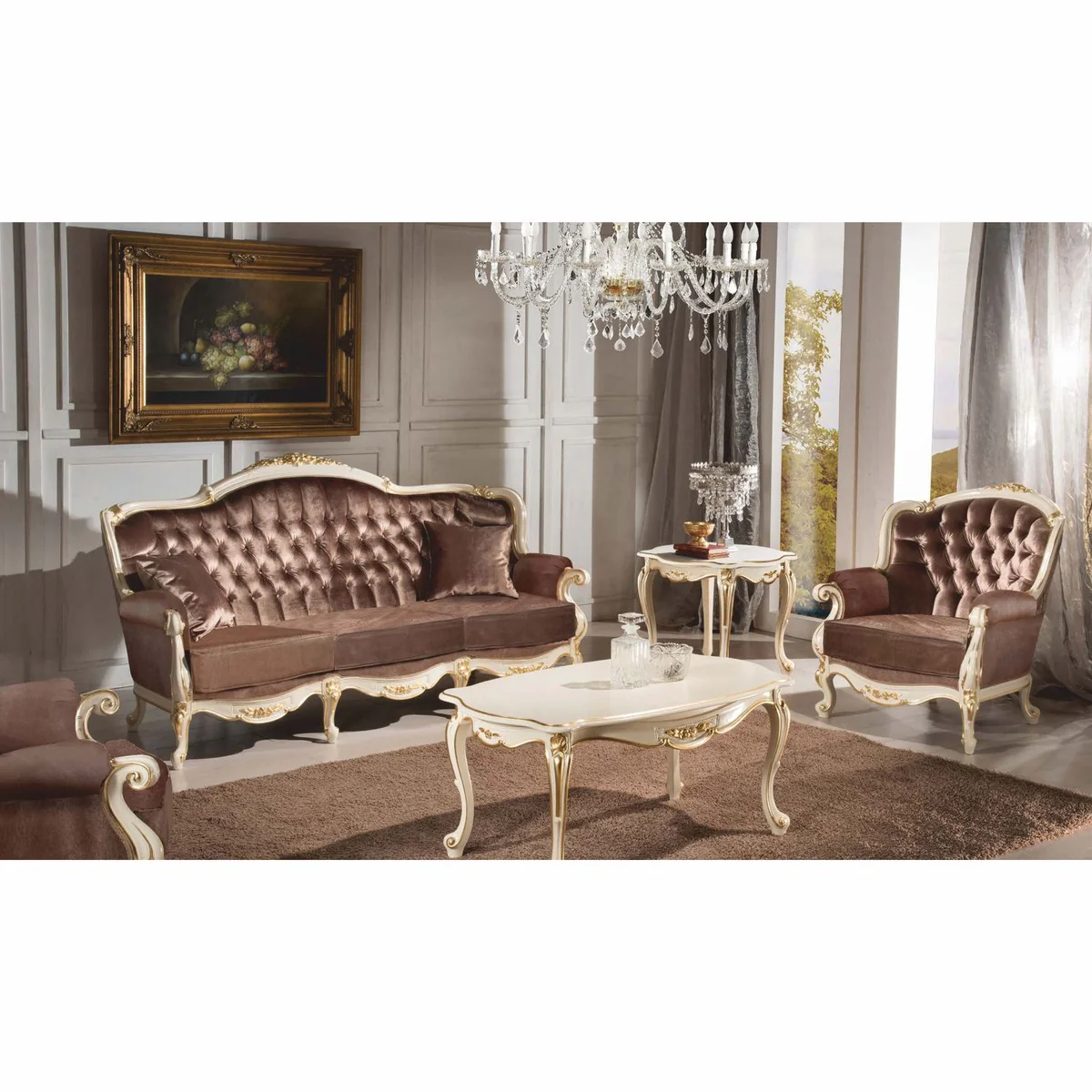 Casa Padrino Sill¨®n Barroco de Lujo en Terciopelo Marr¨®n / Blanco / Oro 82 cm - Muebles Barrocos - Hecho en Italia