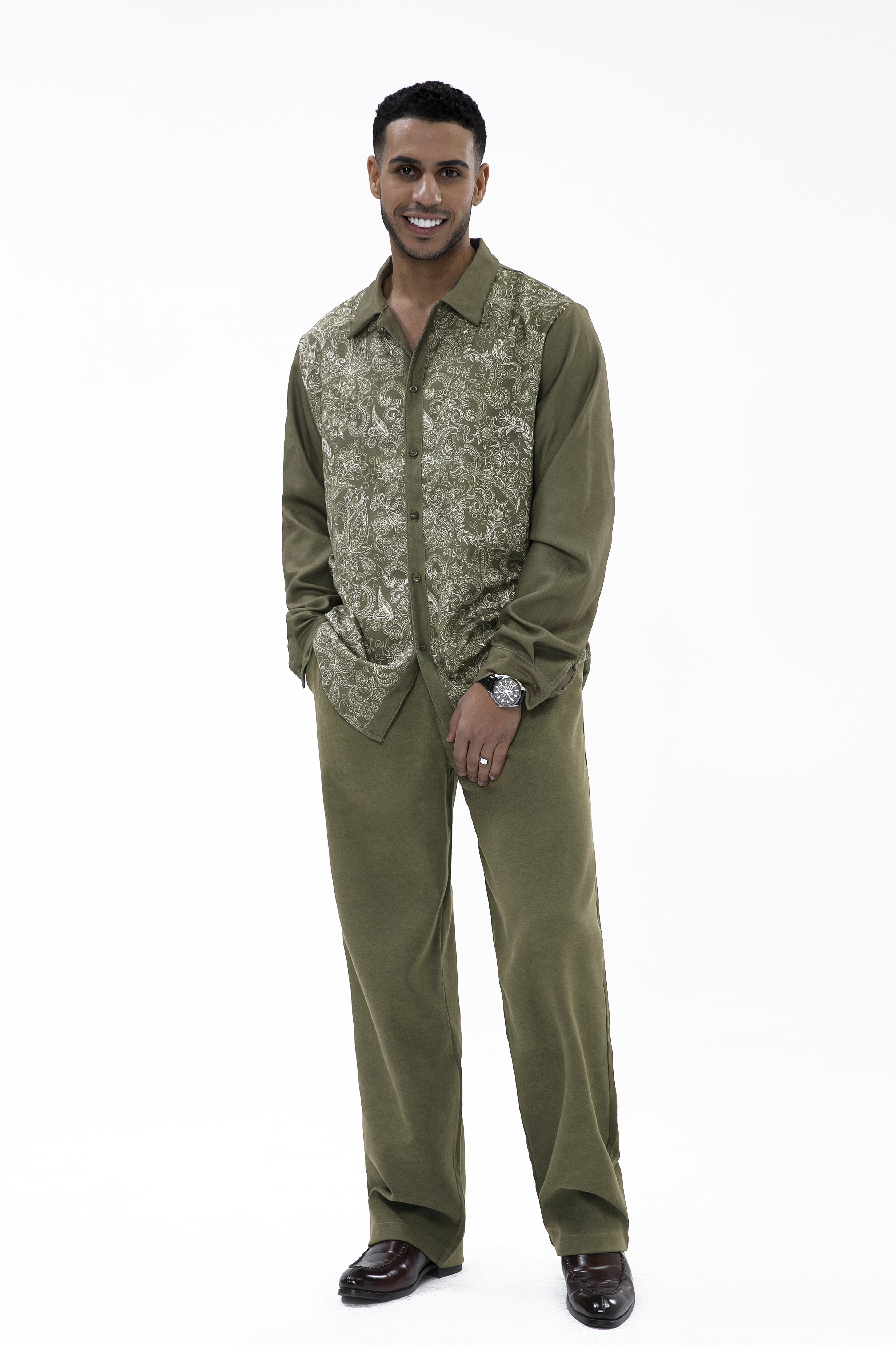 Suitmens Long Sleeve Trousers Green Cashew Blossom Two-Piece Walking Set