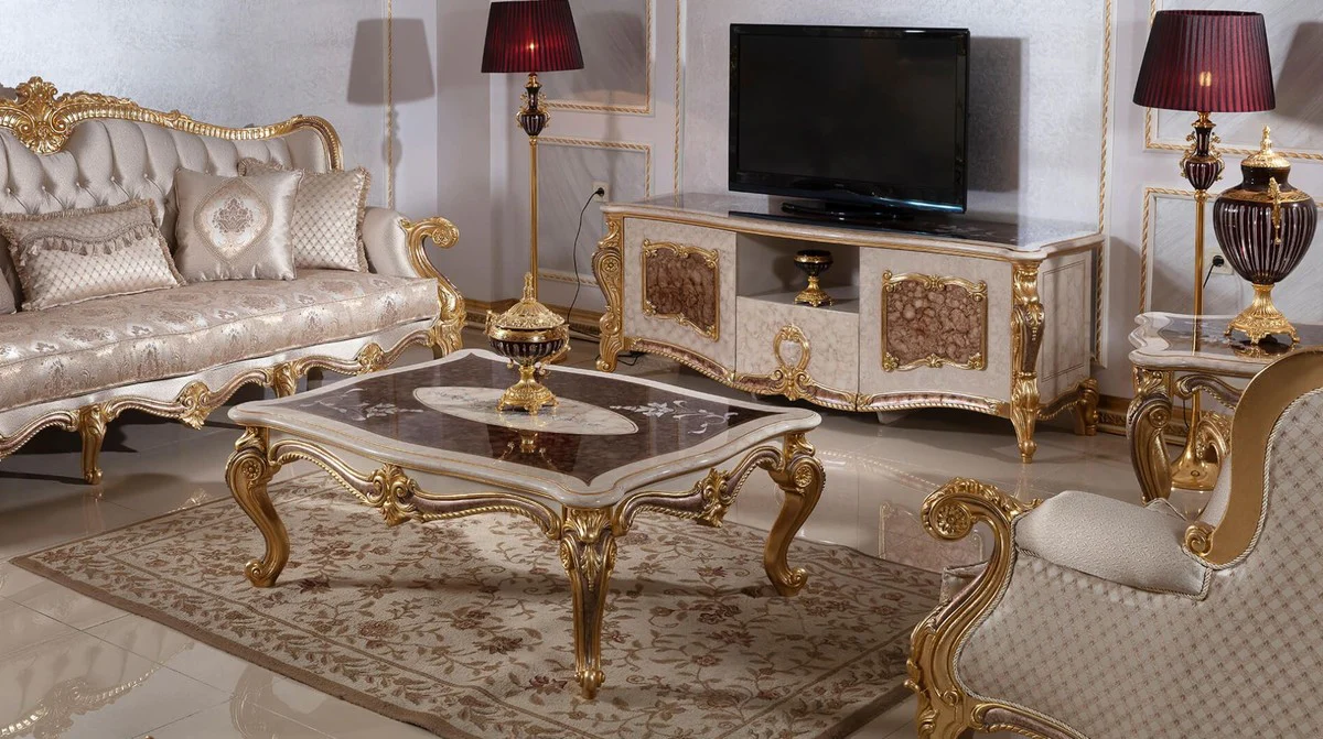 Casa Padrino mesa de centro barroco de lujo blanco / marr¨®n / oro - Magn¨ªfica mesa de sal¨®n de estilo barroco - Muebles de sal¨®n de estilo barroco - Muebles barrocos - Muebles de sal¨®n barrocos