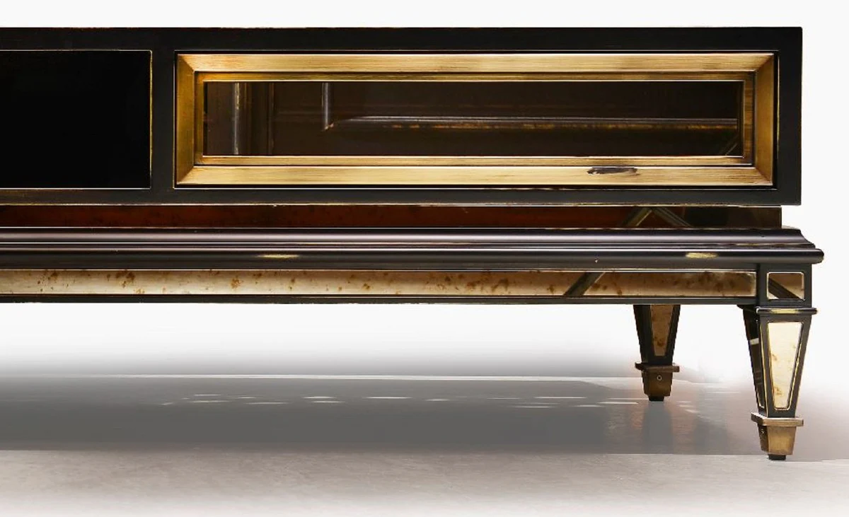 Casa Padrino gabinete TV Art Deco de lujo negro / oro / latón 204 x 46 x A. 52,5 cm - Aparador de salón con 2 cajones - Muebles Art Deco - Muebles de salón - Muebles de lujo