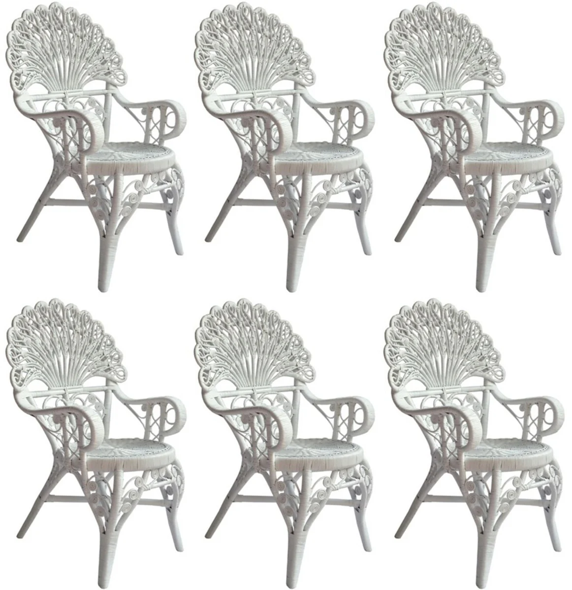 Casa Padrino conjunto de 6 sillas de comedor de rat¨¢n de jard¨ªn de hotel de estilo vintage con reposabrazos blanco A. 95 cm