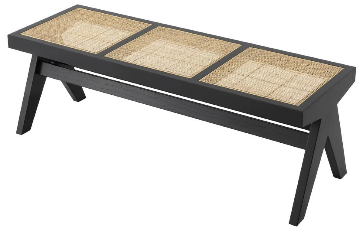 Casa Padrino banco de lujo negro / natural 136 x 46 x A. 47 cm - Banco de madera maciza con tejido de ratán tejido a mano - Muebles de Lujo