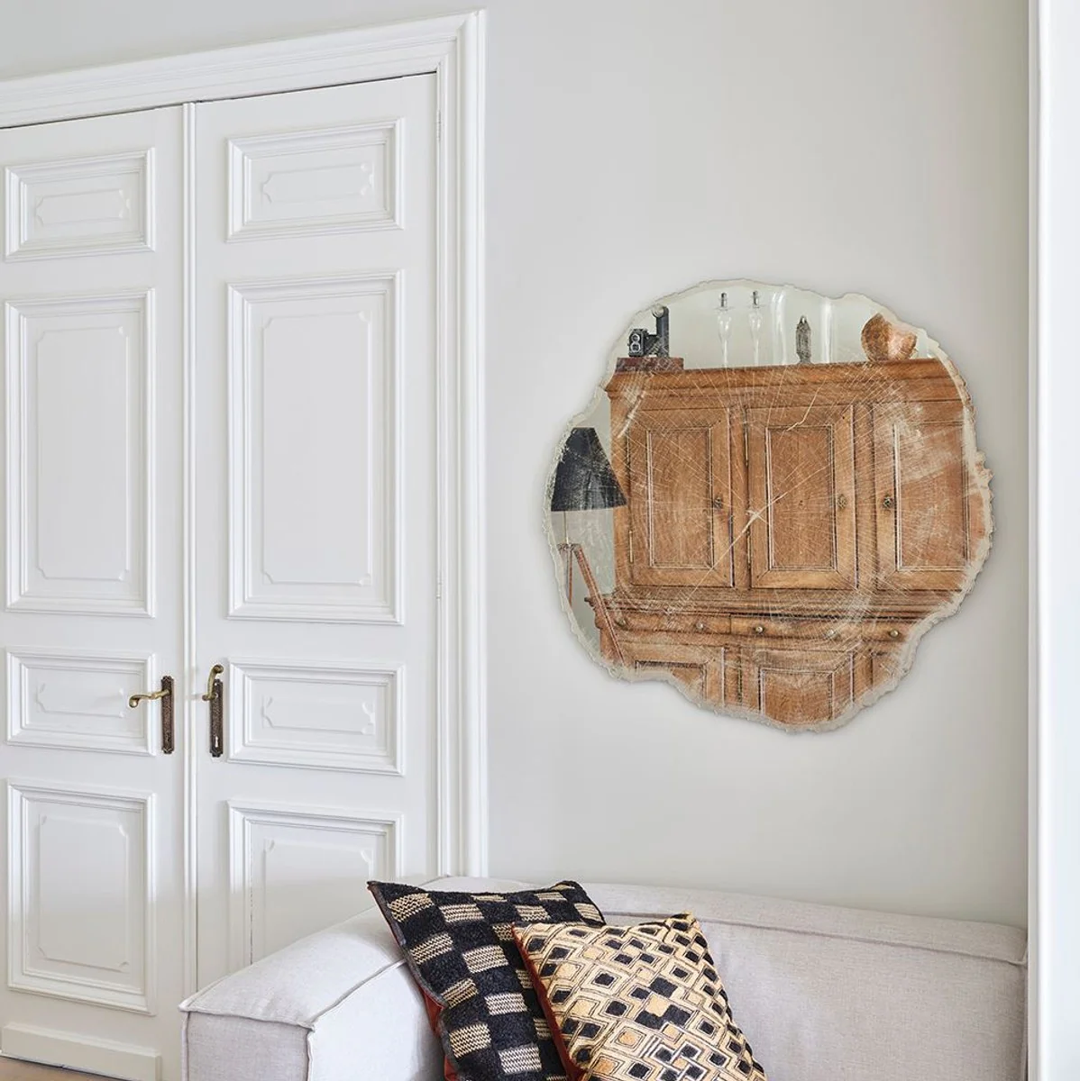 Casa Padrino espejo de pared de lujo en dise?o de disco de ¨¢rbol blanco / beige 101 x 2,5 x A. 98 cm - Espejo de sal¨®n - Espejo de dormitorio - Espejo de armario - Muebles de lujo