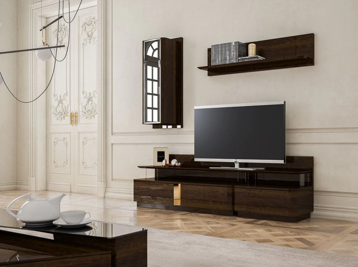 Casa Padrino conjunto de gabinete de TV para sala de estar de lujo marrón / gris / oro - 1 Gabinete de TV y 1 Gabinete de Pared y 1 Estante de Pared - Conjunto de muebles - Calidad de Lujo