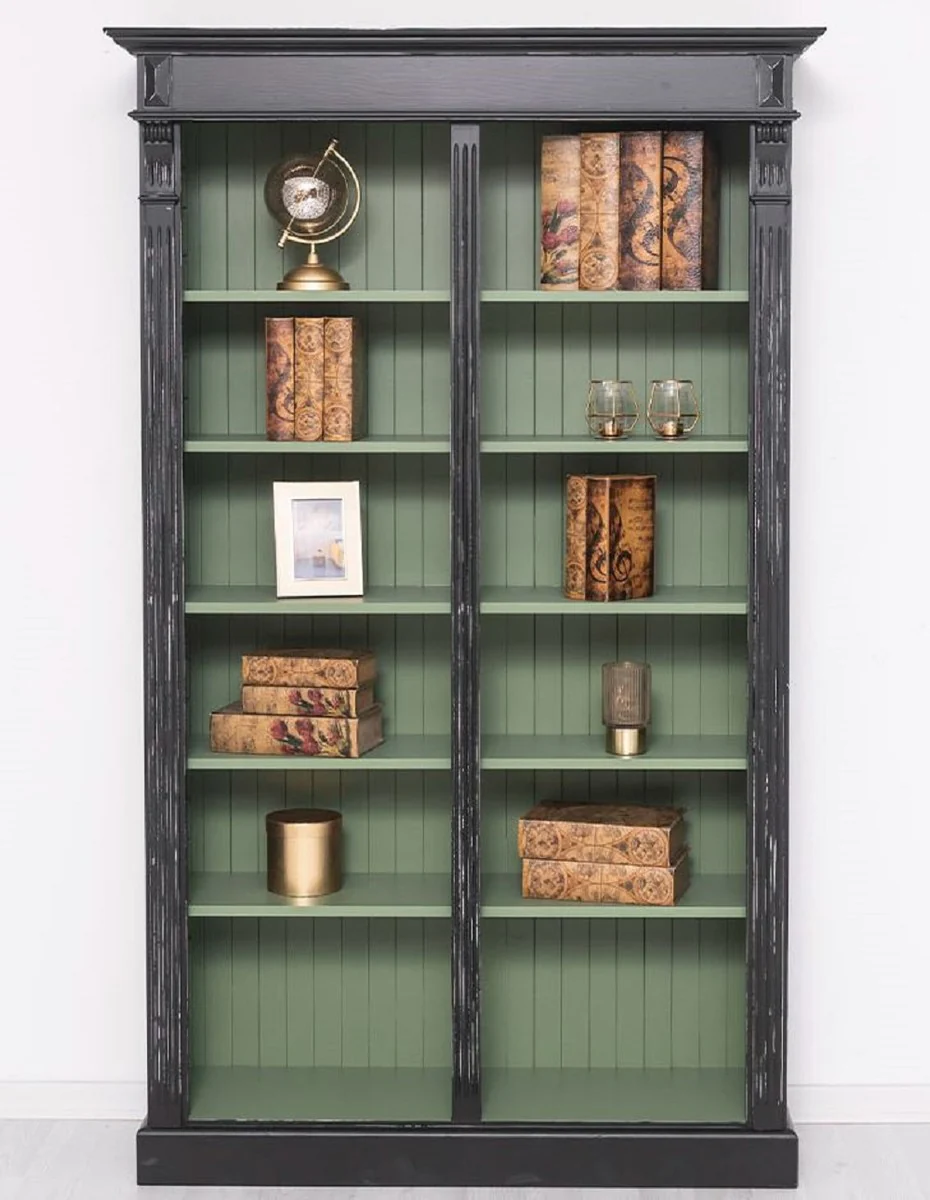 Casa Padrino armario de libros de estilo campestre negro antiguo / verde 120 x 39 x A. 197 cm - Armario de Sala de Estar de Madera Maciza - Armario de Oficina - Muebles de Estilo Campestre