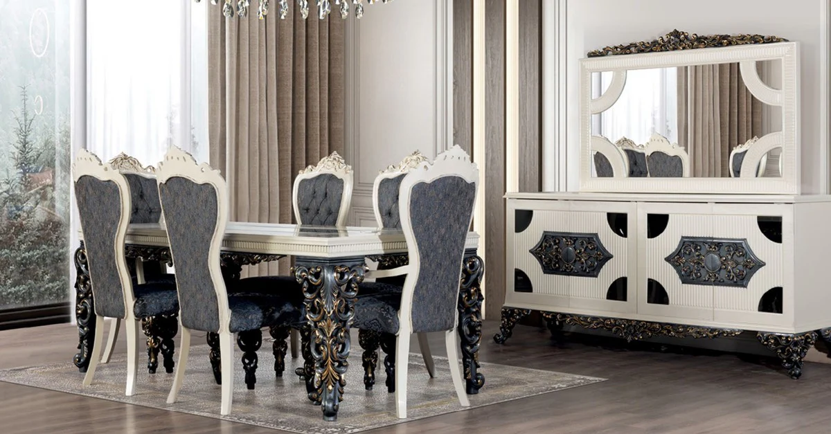 Casa Padrino aparador barroco de lujo con espejo blanco / azul / bronce - Muebles de lujo en estilo barroco - Muebles barrocos - Interiores barrocos - Noble y Magnífico