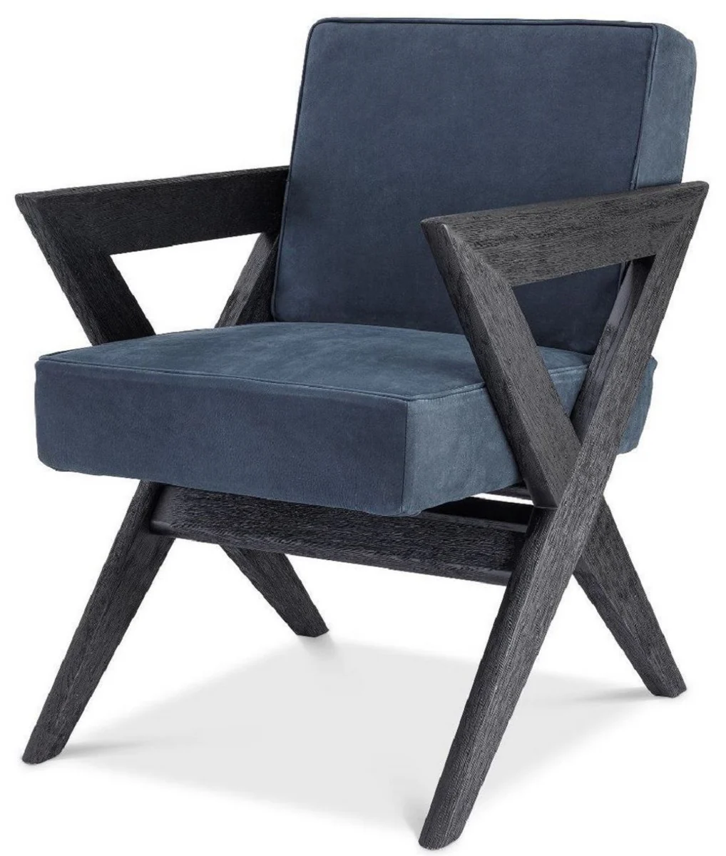 Casa Padrino silla de comedor de piel genuina de lujo con reposabrazos azul / negro 59 x 74 x A. 88 cm - Silla de cocina con cuero de b¨²falo nobuck fino - Muebles de comedor de lujo