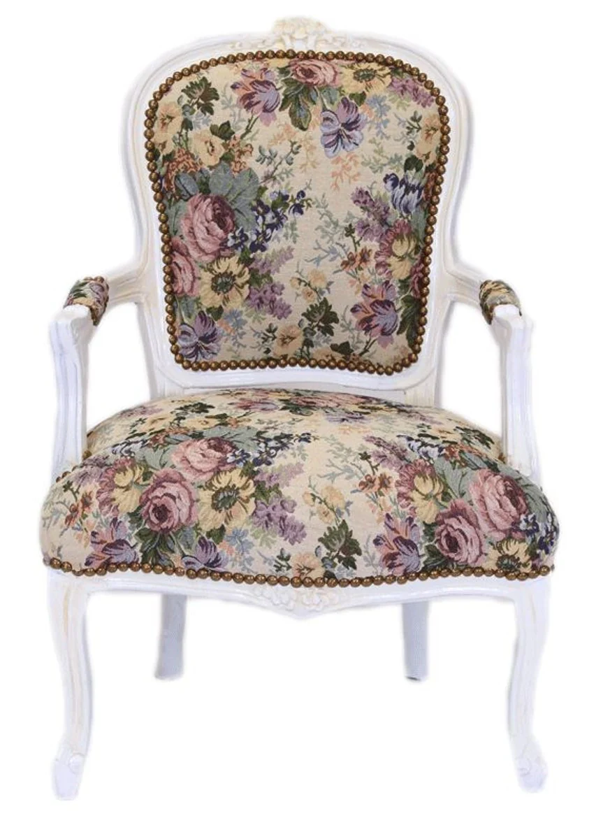 Casa Padrino Conjunto de banco barroco con patr¨®n de flores / estilo antiguo blanco - 1 sof¨¢ + 2 sillones