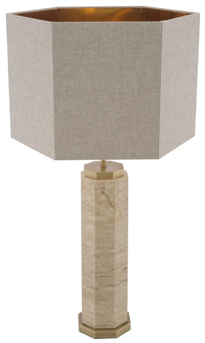 Casa Padrino lámpara de mesa de lujo beige / latón antiguo / gris 46 x 46 x A. 84,5 cm - Lámpara de escritorio de travertino con pantalla hexagonal - Lámparas mesa - Lámparas escritorio