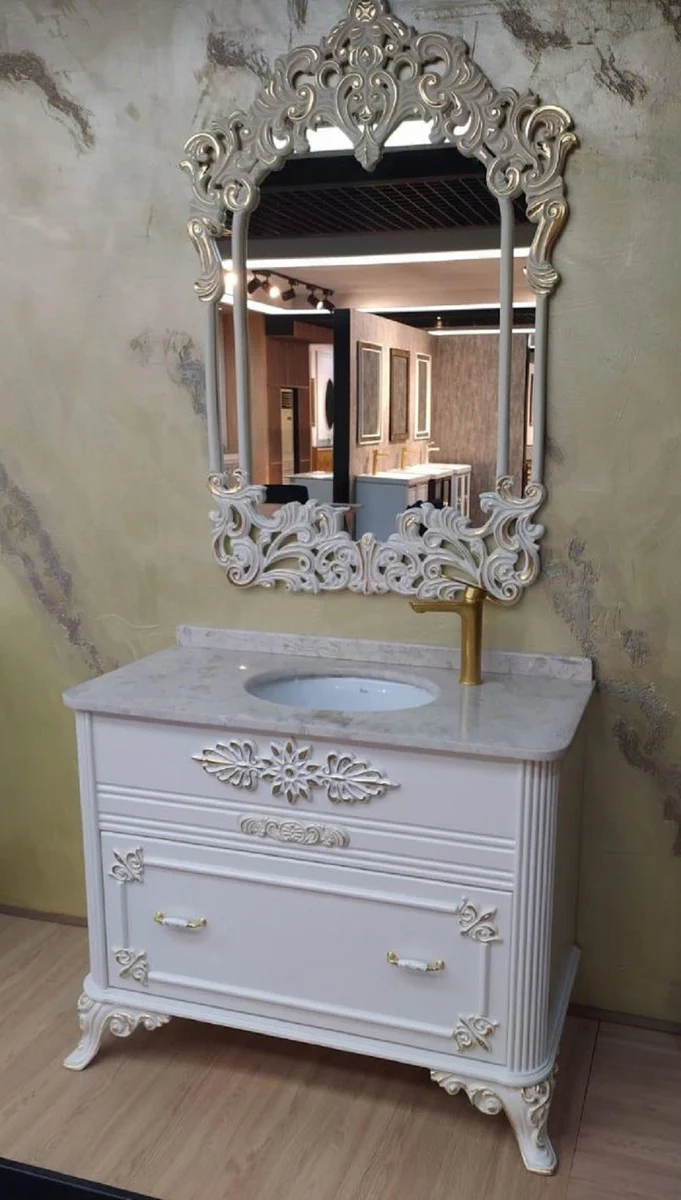 Casa Padrino conjunto de baño barroco blanco / oro - 1 Mesa de Lavado con Encimera de Mármol y Lavabo de Cerámica y 1 Espejo de Pared - Magnífico mueble de baño en estilo barroco