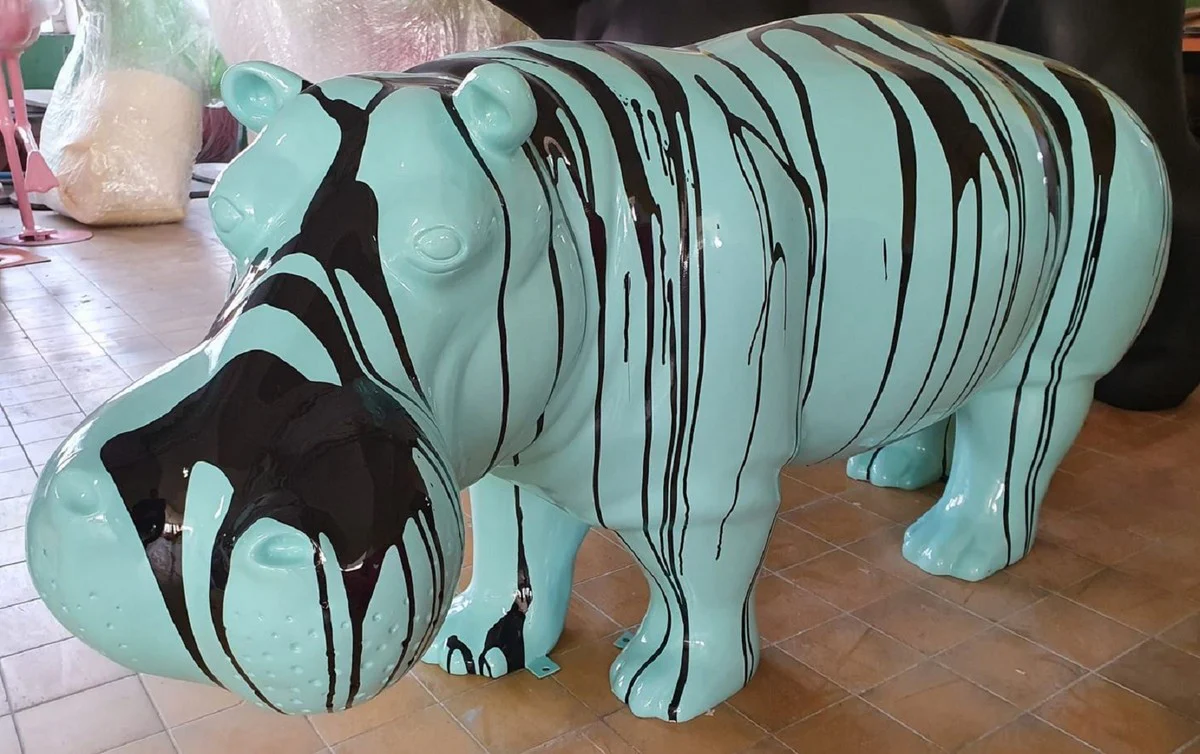 Casa Padrino escultura decorativa XXL hipop¨®tamo verde menta / negro 175 cm - Figura decorativa de jard¨ªn de tama?o natural