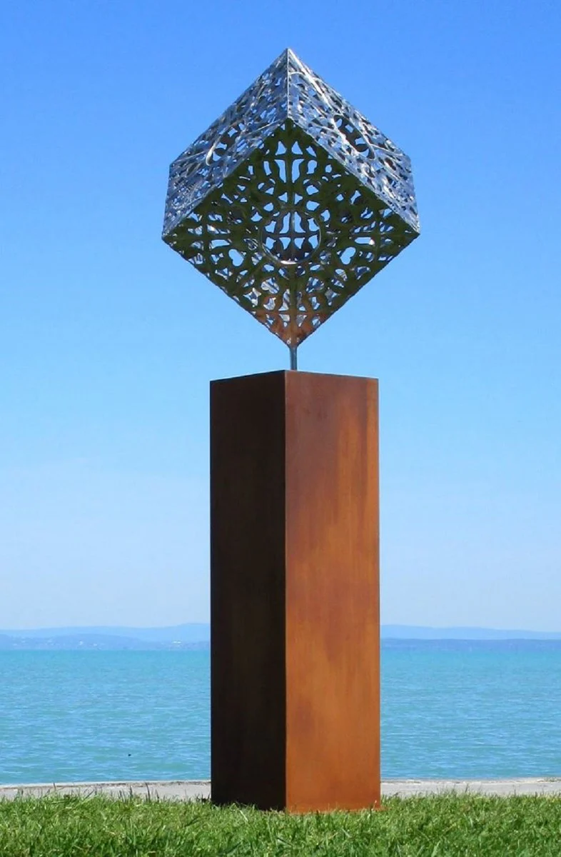 Casa Padrino escultura de metal de decoraci¨®n de jard¨ªn XXL cubo sobre columna plata / ¨®xido A. 216 cm