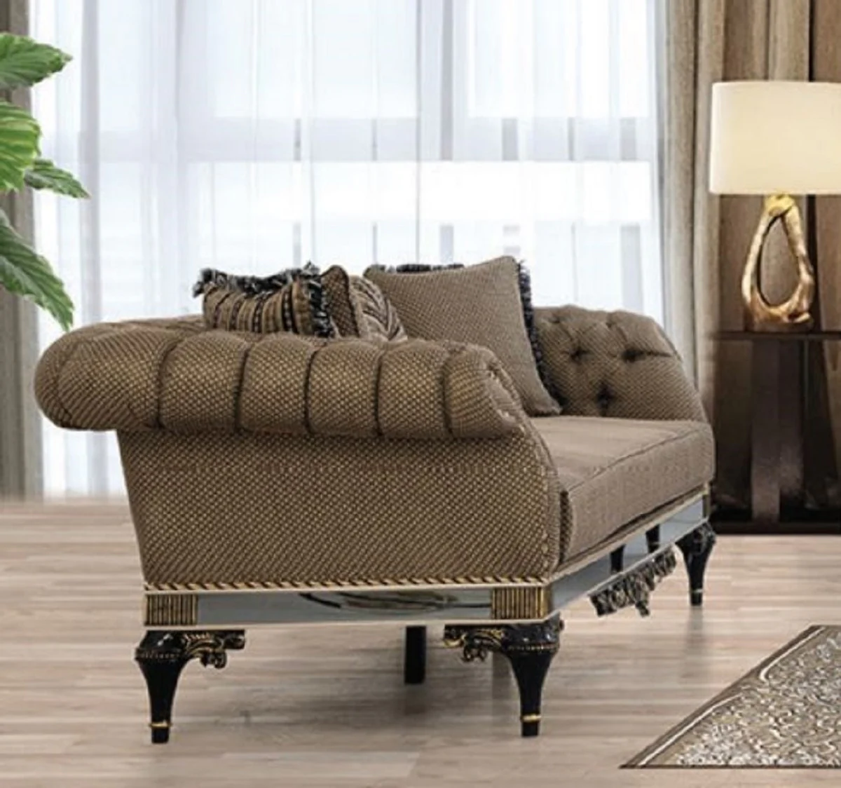 Casa Padrino sof¨¢ Chesterfield barroco de lujo marr¨®n / blanco / negro / oro - Magn¨ªfico sof¨¢ de sal¨®n con cojines decorativos - Muebles de sal¨®n barrocos