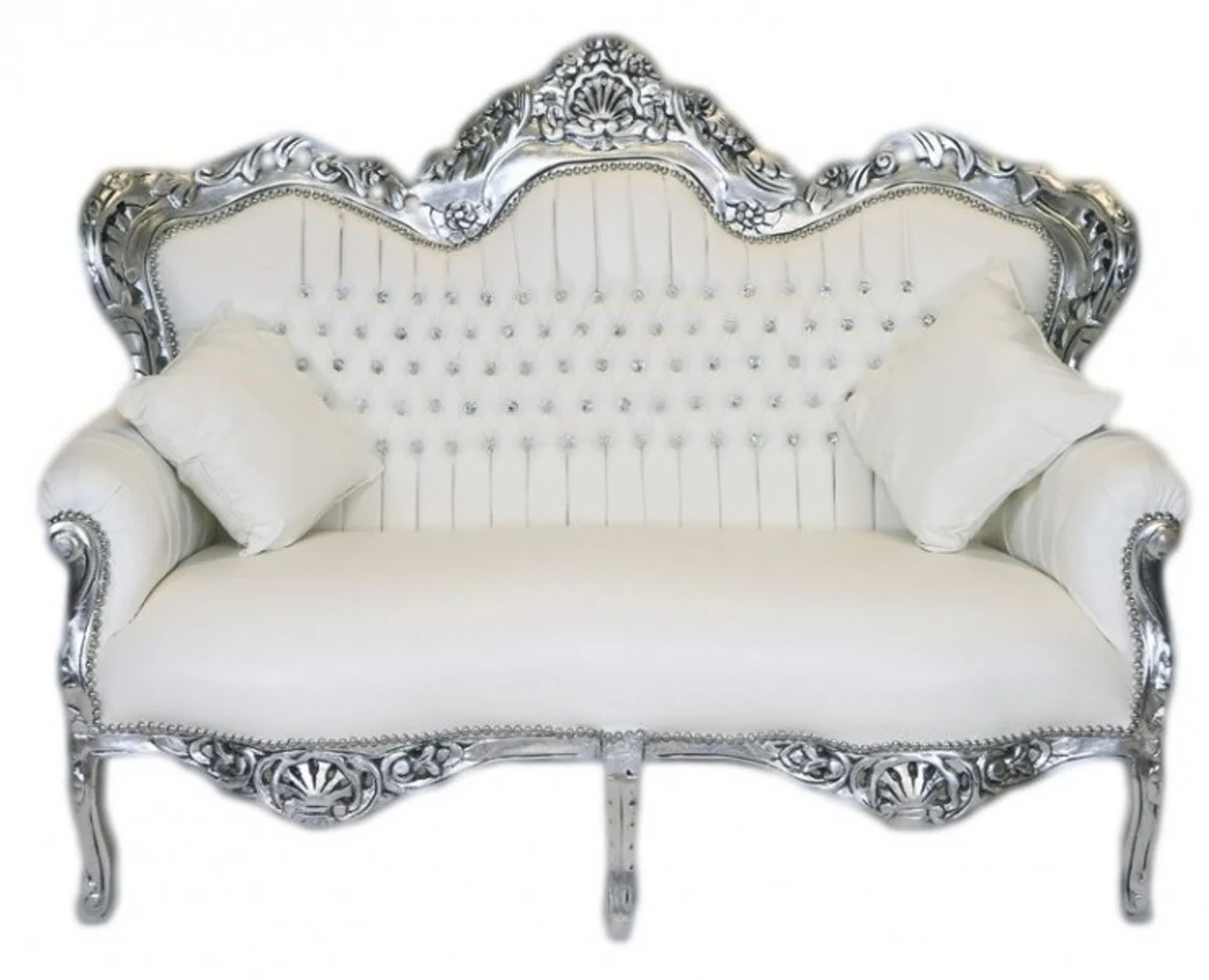 Casa Padrino Baroque Master 2 seater white leather look / Silver - living room couch furniture Lounge