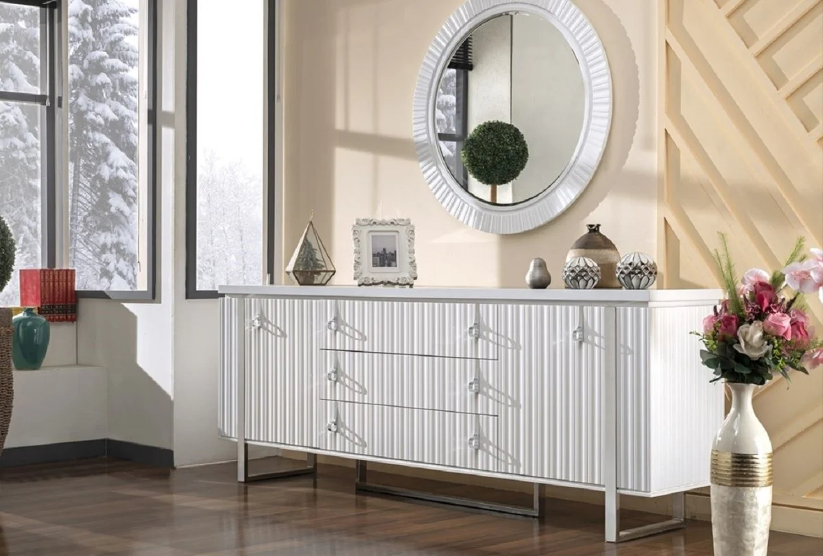 Casa Padrino aparador Art Deco de lujo blanco / plata 200 x 42 x A. 80 cm - Gabinete noble de madera maciza con 2 puertas y 3 cajones - Muebles Art Deco - Muebles de lujo