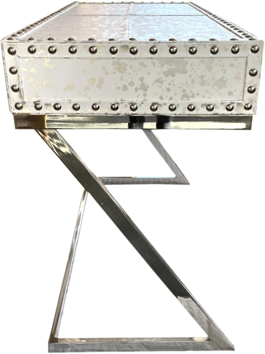 Escritorio de lujo Casa Padrino con 2 cajones blanco / plateado 110 x 50 x H75 cuero / metal - secretaria