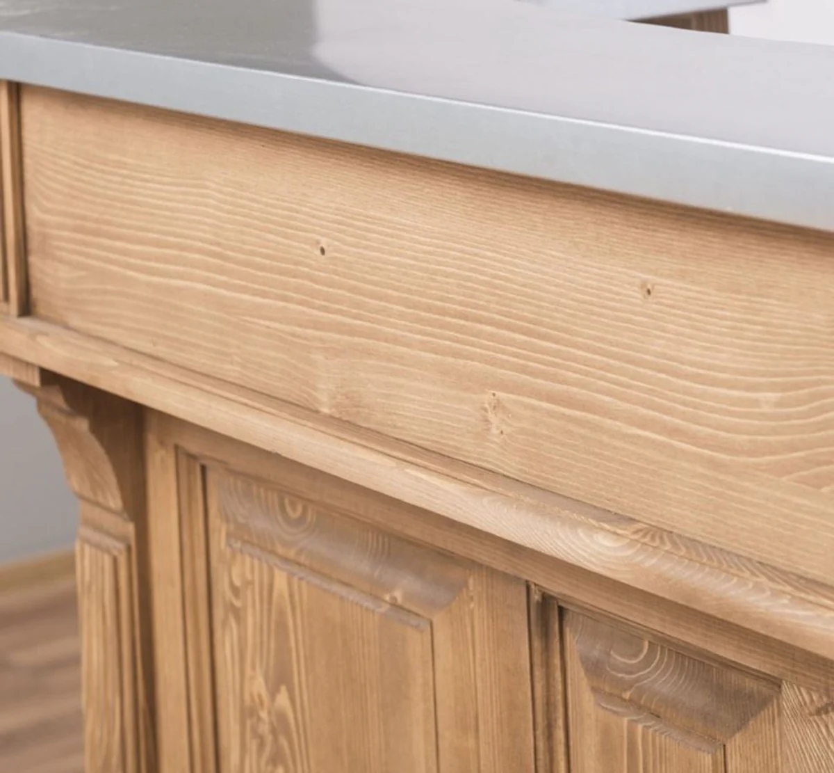 Casa Padrino barra de bar de estilo campestre natural / plata 120 x 65 x A. 107 cm - Barra de bar de madera maciza con sobre de mesa galvanizado - Muebles de bar en estilo campestre