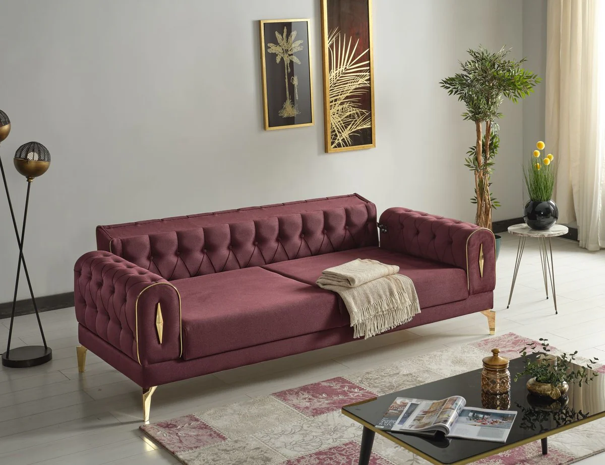 Casa Padrino sof¨¢ cama de lujo vino rojo / oro 225 x 95 x A. 83 cm - Sof¨¢ de sal¨®n con 4 almohadas - Muebles de sal¨®n de lujo
