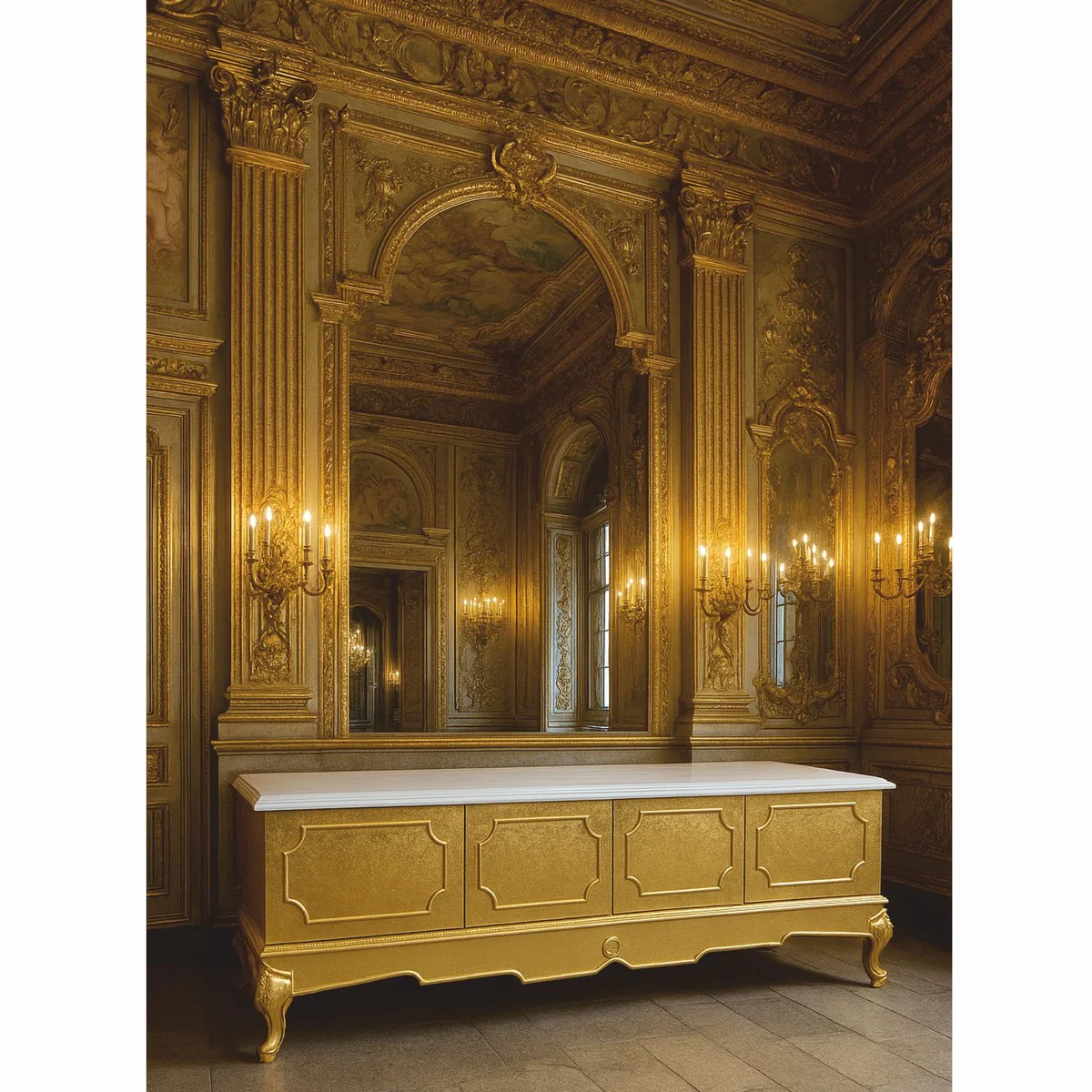 Casa Padrino gabinete de TV barroco de lujo oro / blanco 200 cm - Muebles de salón barrocos