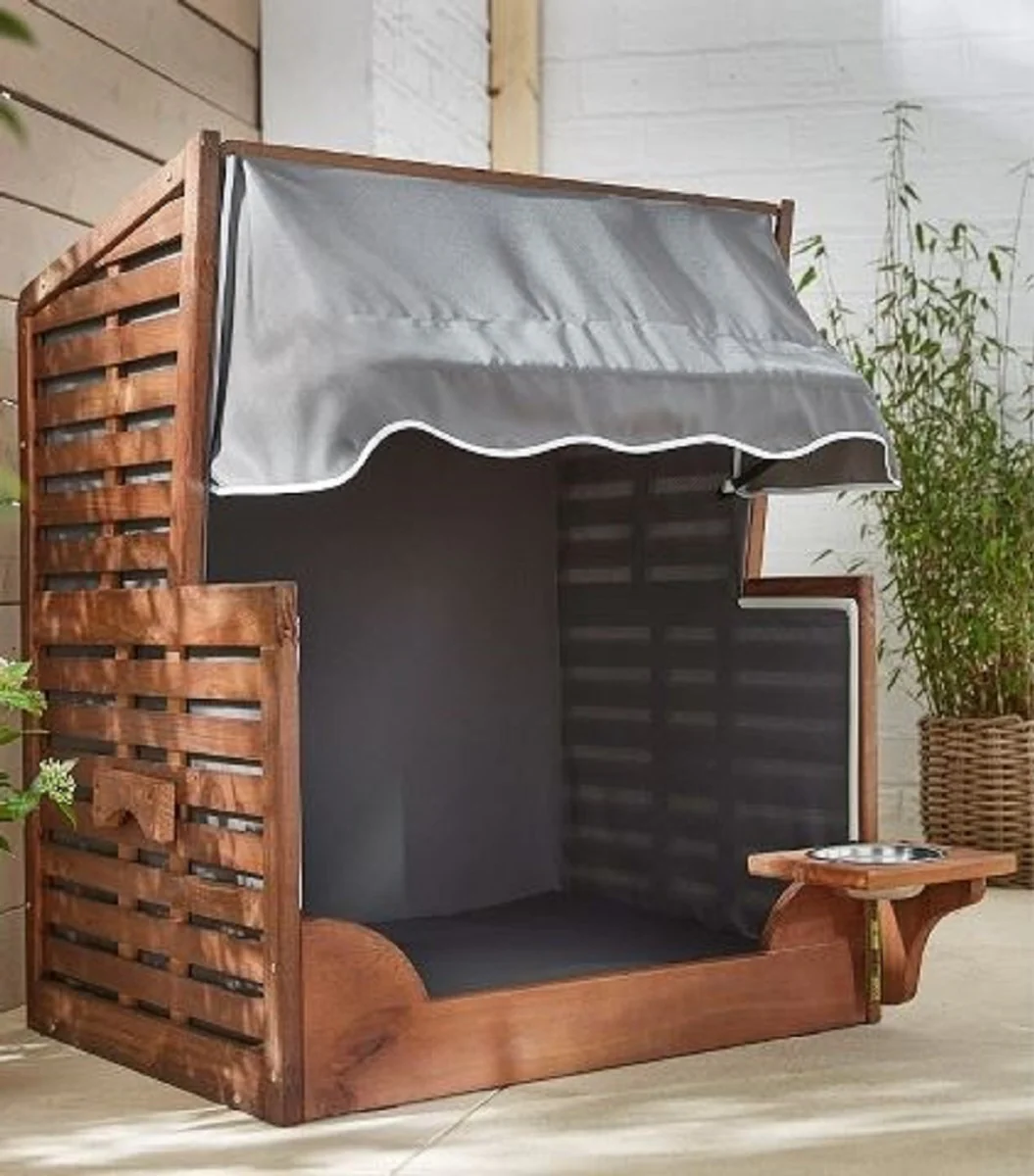 Casa Padrino silla de playa para perros con cuenco de agua marr¨®n / gris / blanco 75 x 65 x A. 87 cm - Muebles para perros - Muebles para animales - Muebles de jard¨ªn - Muebles de exterior