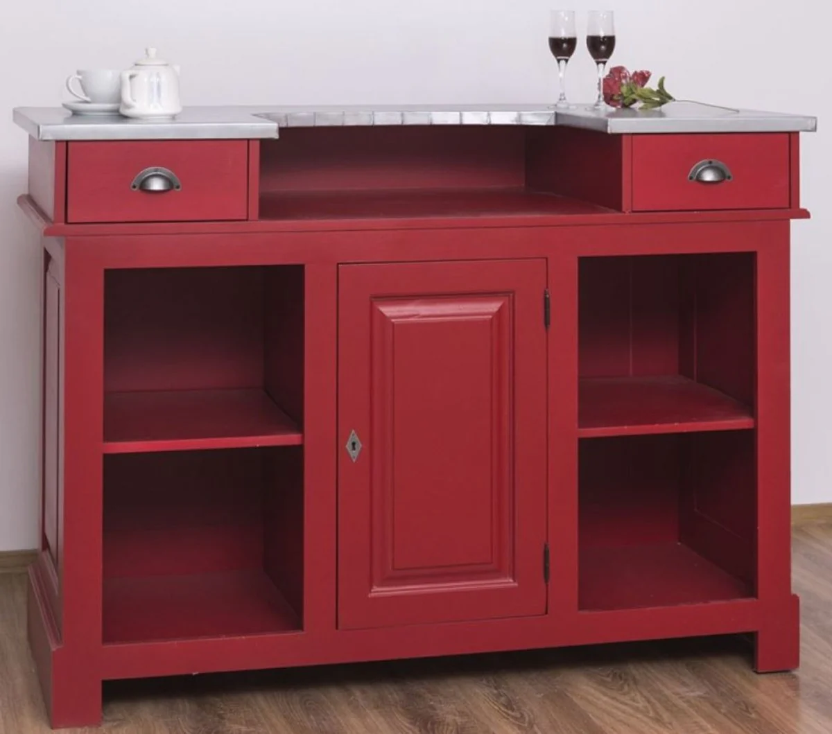 Casa Padrino barra de bar de estilo campestre rojo / plata 150 x 65 x A. 107 cm - Barra de bar de madera maciza con sobre de mesa galvanizado - Muebles de bar en estilo campestre