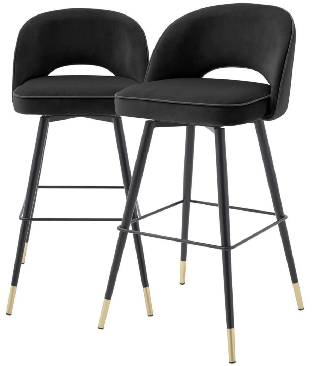 Casa Padrino conjunto de sillas de bar de lujo negro / lat¨®n 51 x 52 x A. 103 cm - Taburetes de bar con asiento giratorio y tela de terciopelo noble - Muebles de Bar de Lujo