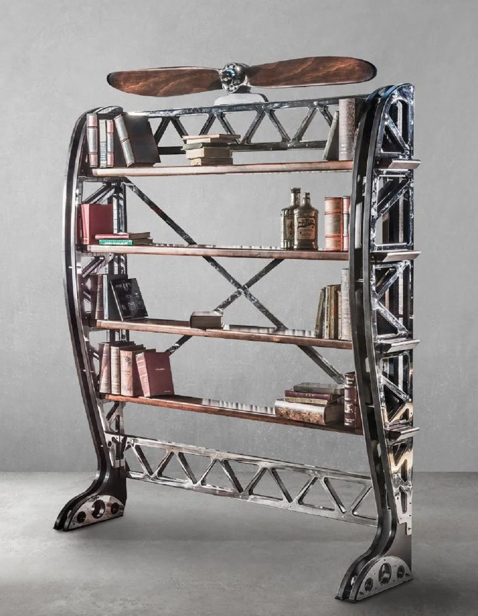 Casa Padrino armario de libros de estilo industrial de lujo plata / negro / marr¨®n 171 x 29,5 x A. 208,5 cm - Armario de metal con h¨¦lice de avi¨®n decorativa - Mueble de sal¨®n de estilo industrial