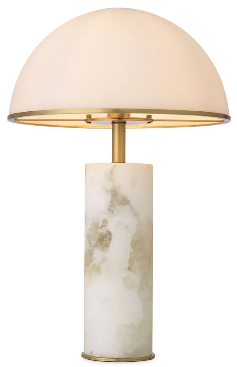 Casa Padrino lámpara de mesa de lujo alabastro / latón antiguo / blanco Ø 39,5 x A. 65 cm - Lámpara de escritorio moderna de alabastro con pantalla de vidrio - Colección de Lujo