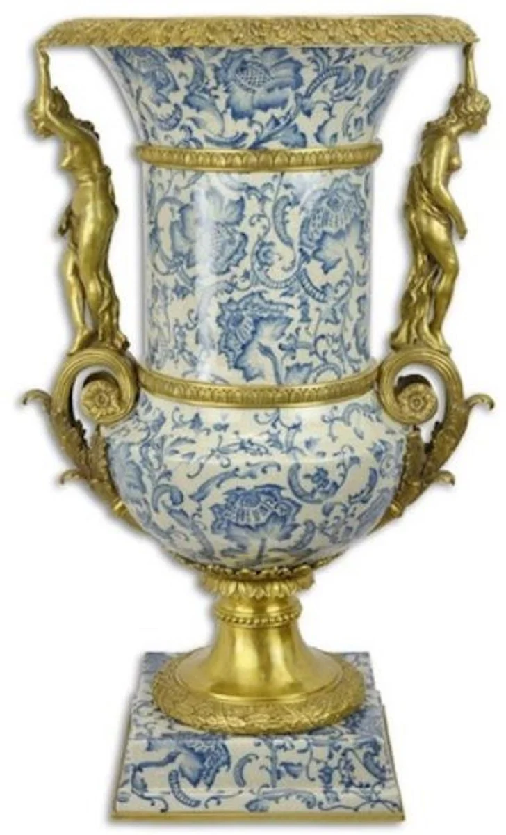 Casa Padrino jarrón decorativo barroco crema / azul / oro 53 x 47,8 x A. 85,7 cm - Magnífico florero de porcelana con 2 asas de bronce - Accesorios decorativos en estilo barroco