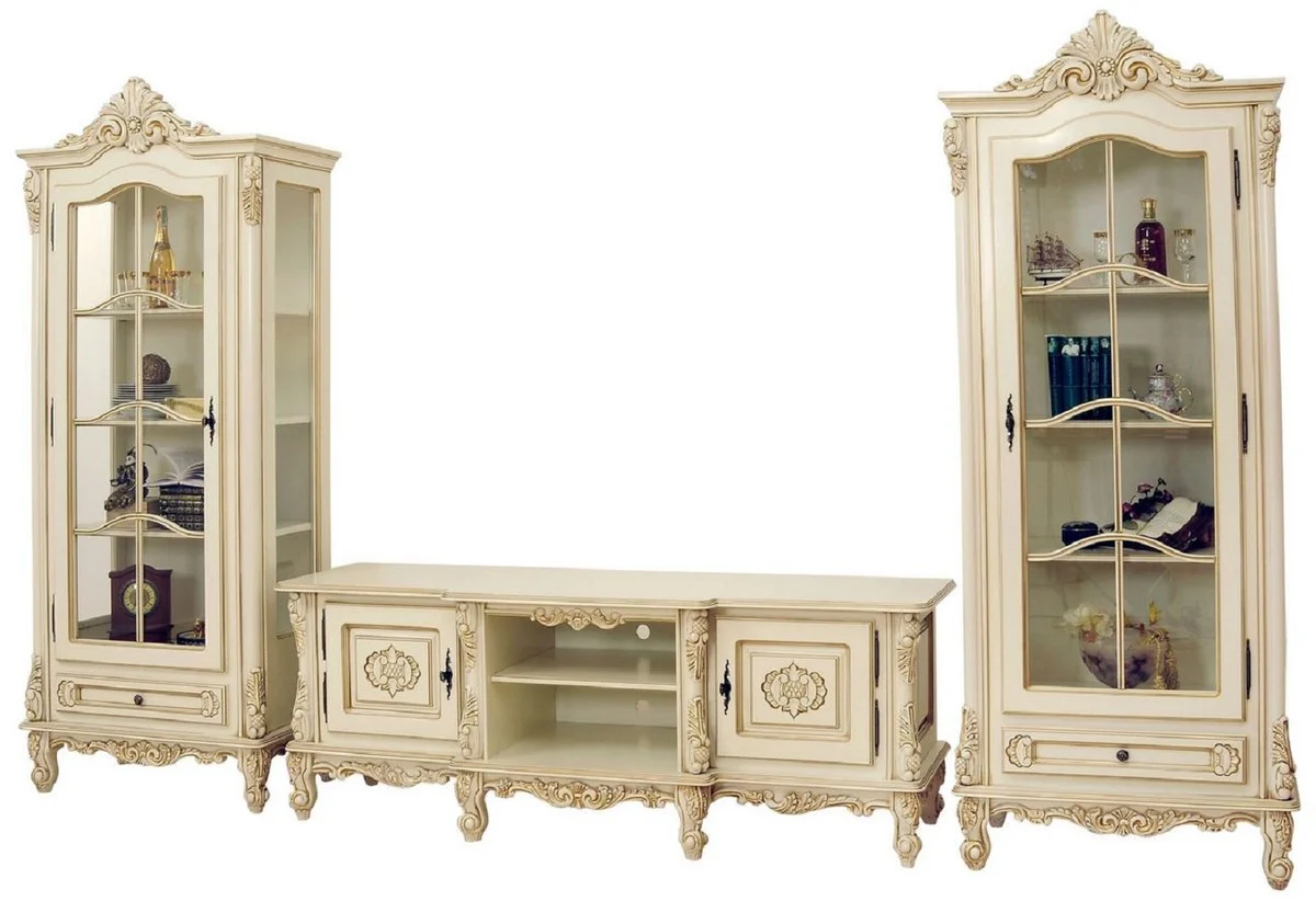 Casa Padrino conjunto de salón barroco de lujo crema / beige - 1 Gabinete de TV Barroco y 2 Vitrinas Barrocos - Muebles de salón de lujo en estilo barroco - Muebles barrocos - Noble y magnífico