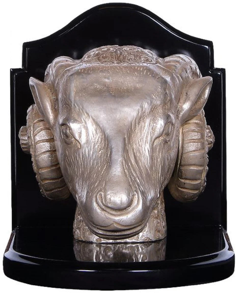 Casa Padrino conjunto de sujetalibros de lujo cabezas de carnero plata / negro 21 x 19 x A. 18 cm - Decoración de escritorio - Decoración de salón - Accesorios de Decoración