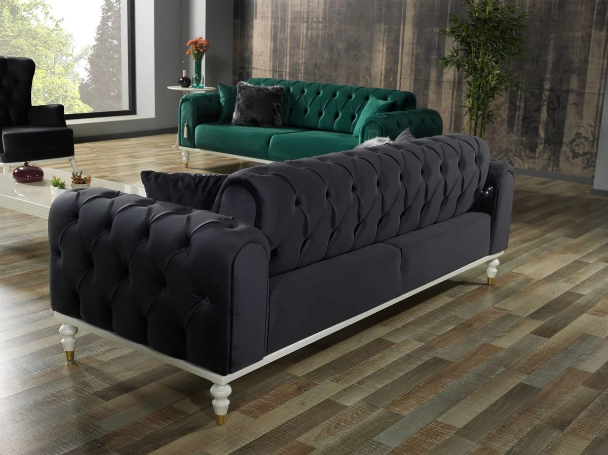 Casa Padrino sof¨¢ cama Chesterfield de lujo gris oscuro / blanco / oro 230 x 95 x A. 83 cm - Sof¨¢ de sal¨®n con 3 almohadas - Muebles de sal¨®n de lujo
