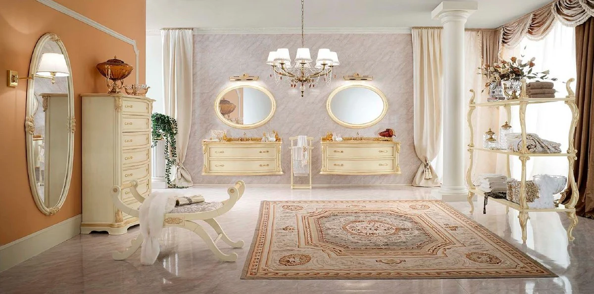 Casa Padrino banco barroco de lujo crema / oro / gris - Banco de estilo barroco hecho a mano - Muebles barrocos italianos - Muebles de lujo estilo barroco - Calidad de lujo - Hecho en Italia