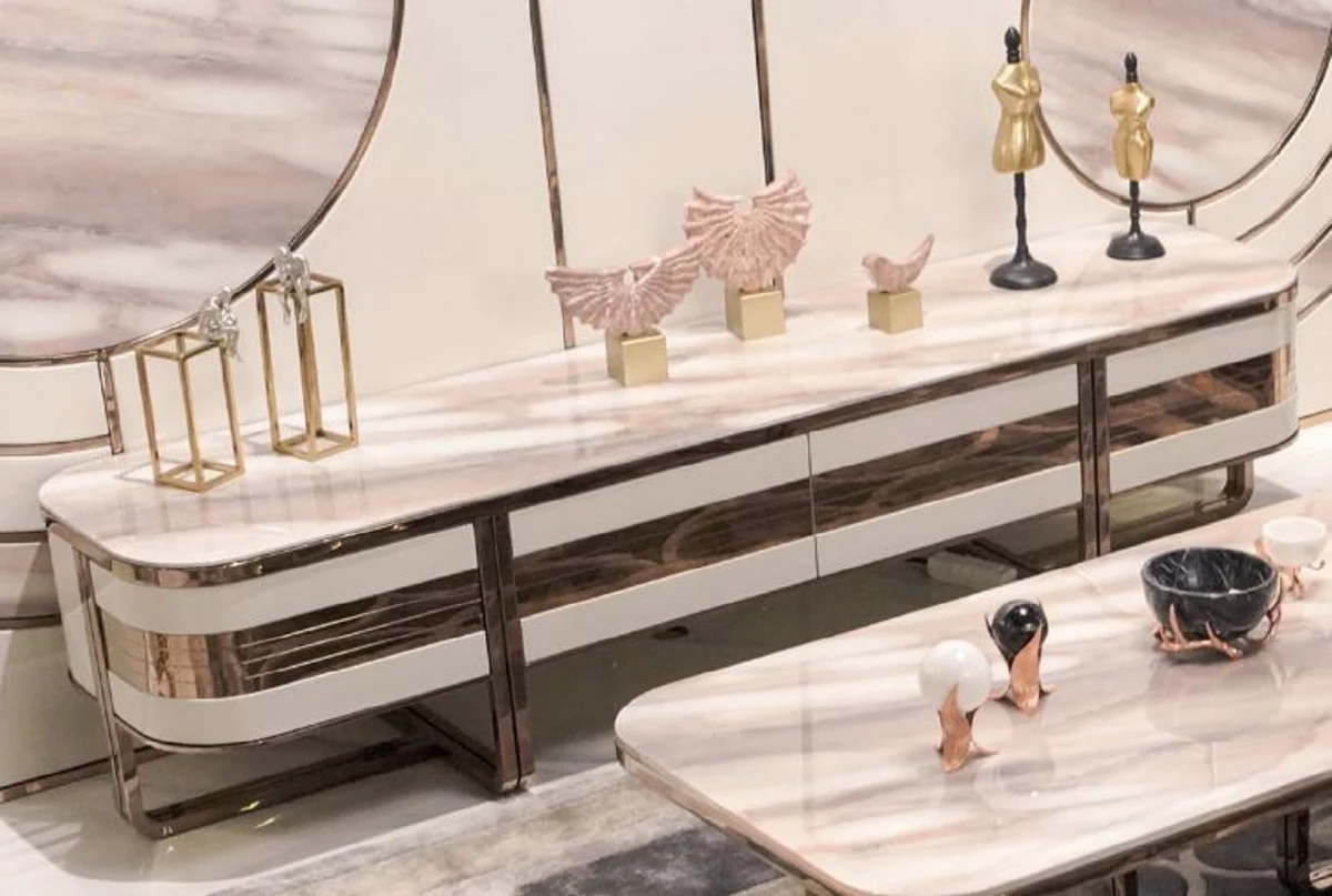 Casa Padrino gabinete de TV de lujo crema / blanco / cobre 230 x 54,5 x A. 55 cm - Aparador de madera maciza con 4 cajones - Muebles de sal¨®n - Muebles de hotel - Muebles de lujo - Muebles de lujo