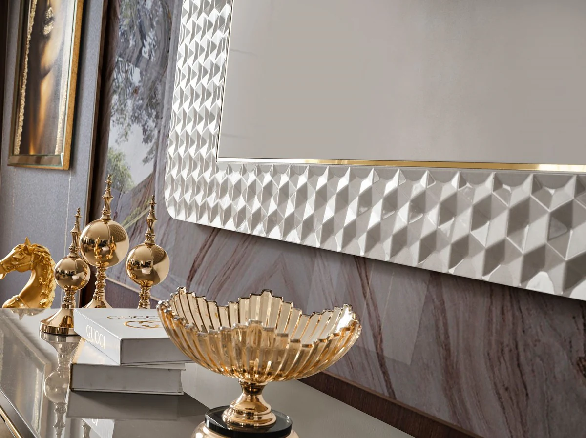 Casa Padrino conjunto de mueble de TV Art Deco de lujo gris / oro - Aparador de sala de estar con chimenea el¨¦ctrica LED y pared trasera de TV - Muebles Art Deco - Muebles de sala - Muebles de lujo