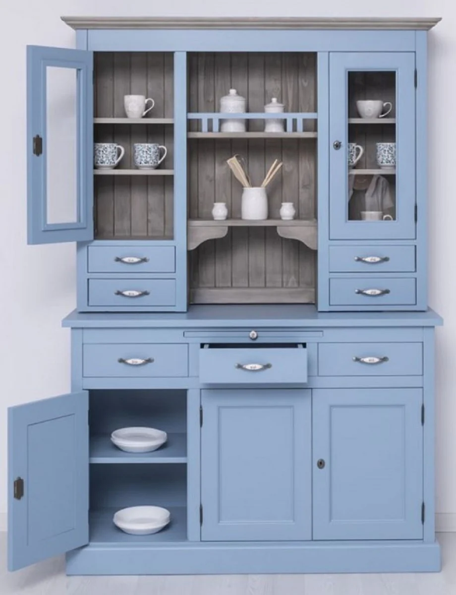 Casa Padrino armario de comedor de estilo campestre azul claro / gris 137 x 50 x A. 197 cm - Armario de cocina de madera maciza - Muebles de comedor en estilo campestre