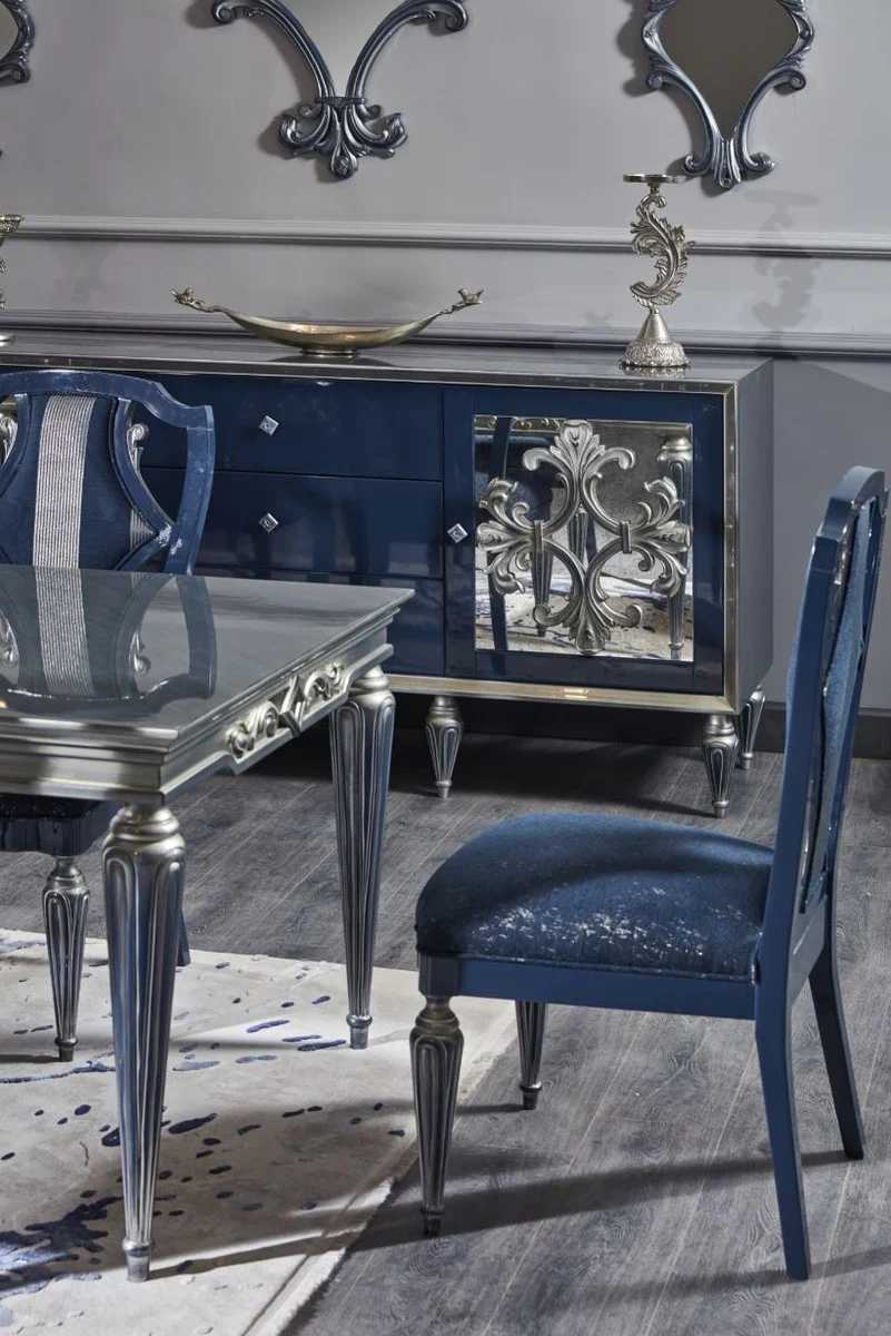 Casa Padrino conjunto de sillas de comedor barroco de lujo azul / plata 54 x 53 x A. 109 cm - Conjunto de sillas de cocina nobles de 6 - Muebles de comedor barrocos