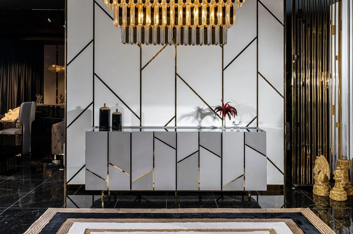 Casa Padrino aparador de lujo gris / oro 220 x 51 x A. 86 cm - Armario de madera maciza con 4 puertas - Muebles de comedor - Muebles de salón - Muebles de hotel - Muebles de lujo