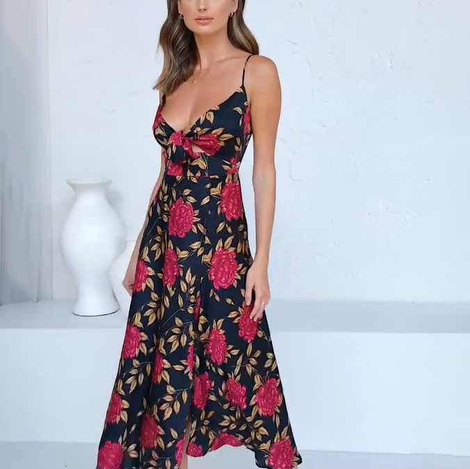 Elegant Holiday Style Sling Print Dress