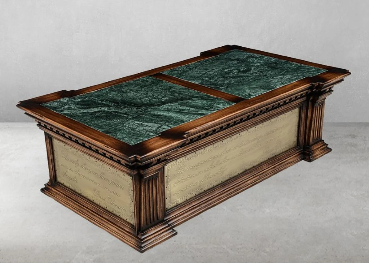 Casa Padrino mesa de centro de estilo vintage de lujo marr¨®n / verde / lat¨®n 156 x 89,5 x A. 48 cm - Mesa de sal¨®n rectangular madera maciza con caj¨®n - Muebles de sal¨®n de lujo de estilo vintage