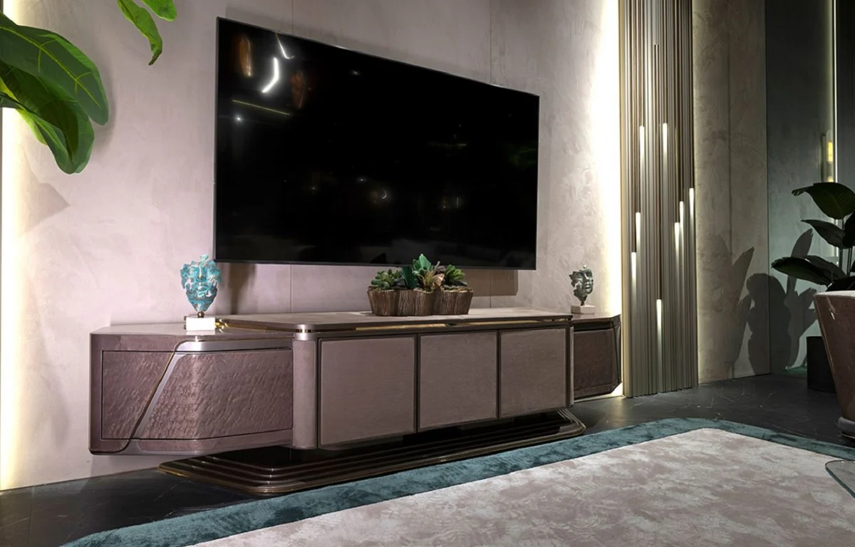 Casa Padrino gabinete de TV de lujo gris / oro 251 x 50 x A. 58 cm - Aparador de madera maciza con 5 puertas - Muebles de sal¨®n - Muebles de lujo - Interiores de lujo