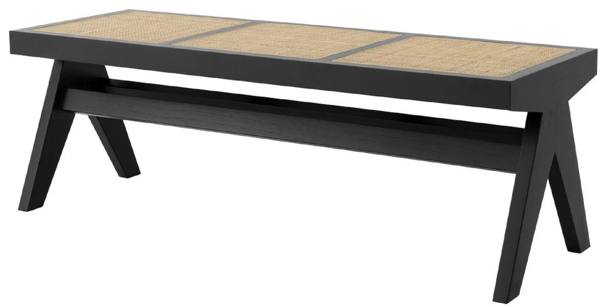 Casa Padrino banco de lujo negro / natural 136 x 46 x A. 47 cm - Banco de madera maciza con tejido de ratán tejido a mano - Muebles de Lujo