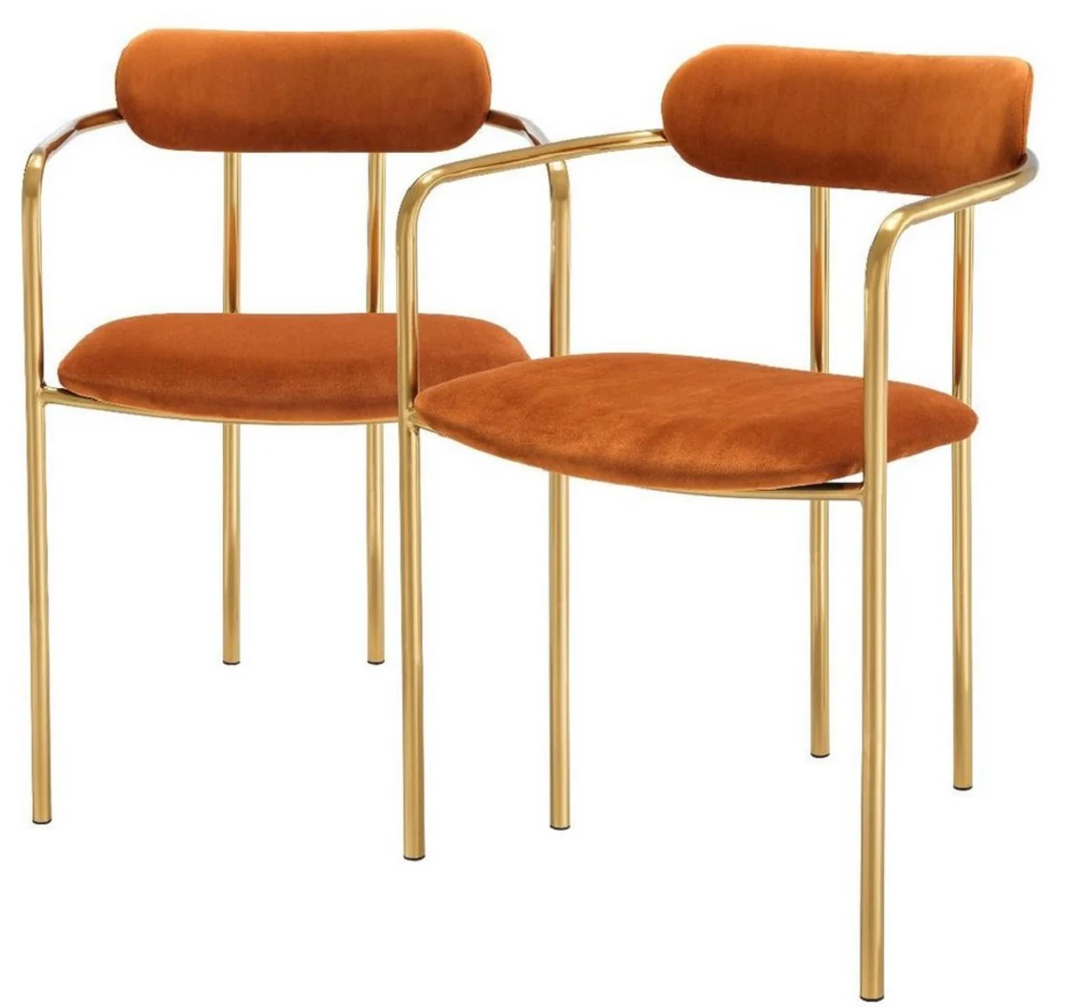 Casa Padrino sillas de comedor de lujo con reposabrazos naranja / oro 53 x 50 x H. 74 cm - Sillas de Cocina con Tela de Terciopelo Fino - Conjunto de Comedor - Muebles de Comedor