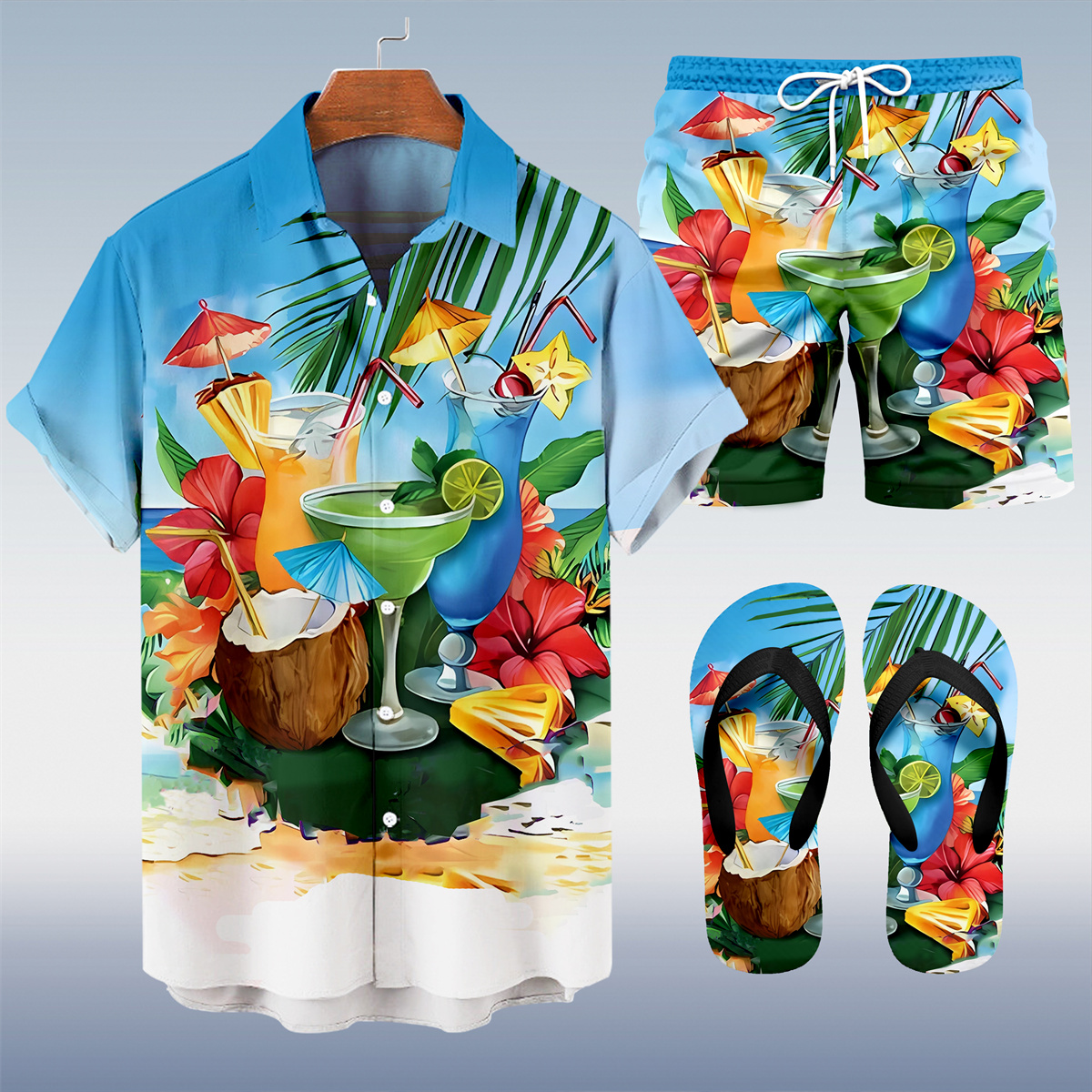 Suitmens Men's Hawaiian Tiki Party Shirt Three-Piece Set 047