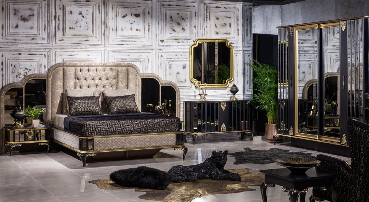 Casa Padrino armario de dormitorio barroco de lujo negro / oro - Armario de madera maciza con espejo en estilo barroco - Muebles de dormitorio barrocos - Noble y Magn¨ªfico