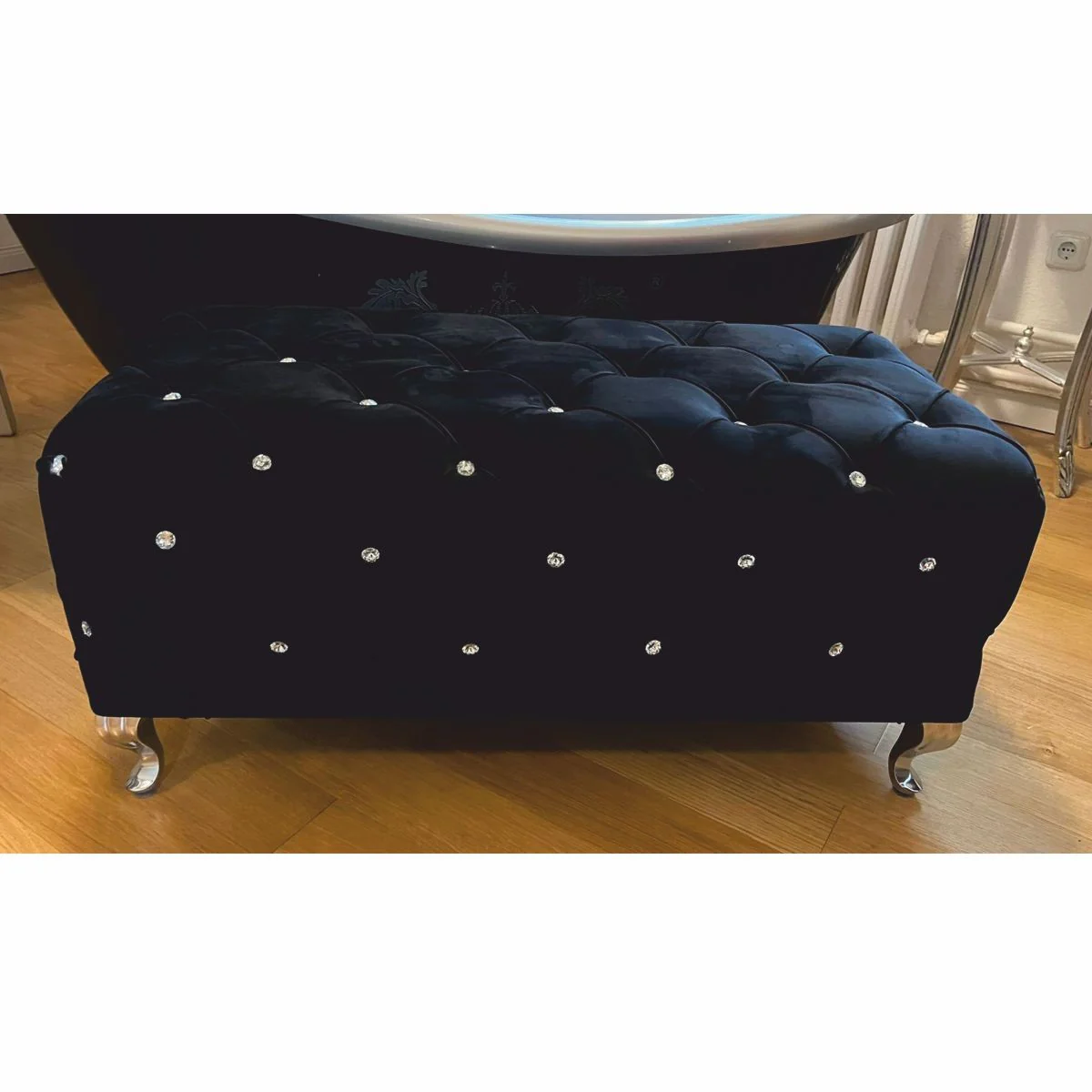 Casa Padrino banco barroco con pedrería negro / plata 100 cm - Muebles barrocos