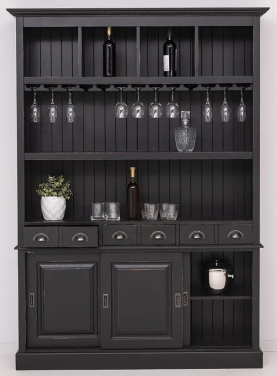 Casa Padrino armario de bar de madera maciza de estilo campestre negro antiguo 151 x 36 x A. 210 cm - Gabinete de vino de madera maciza estilo campestre - Mueble bar de estilo campestre