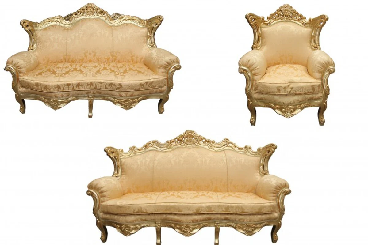 Casa Padrino Baroque Living Room Set Gold Flowers pattern / Gold - 3 seater +2 seater sofa + 1 chair