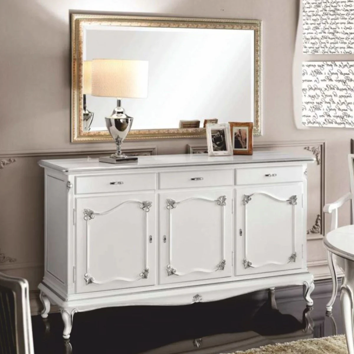 Casa Padrino Aparador Barroco de Lujo con Espejo Blanco / Plata / Oro - Hecho en Italia